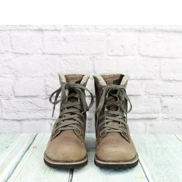 LL Bean Brown Leather Lace Up Rugged Fleece Lined Ankle Winter Boots Size 8.5 - Picture 4 of 9